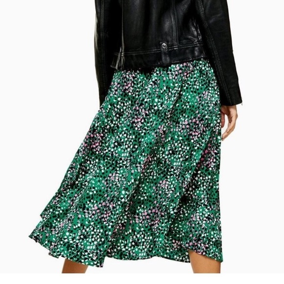 Topshop Green Pink Painted Spot Pleated Asymmetrical Midi Skirt - Picture 3 of 12